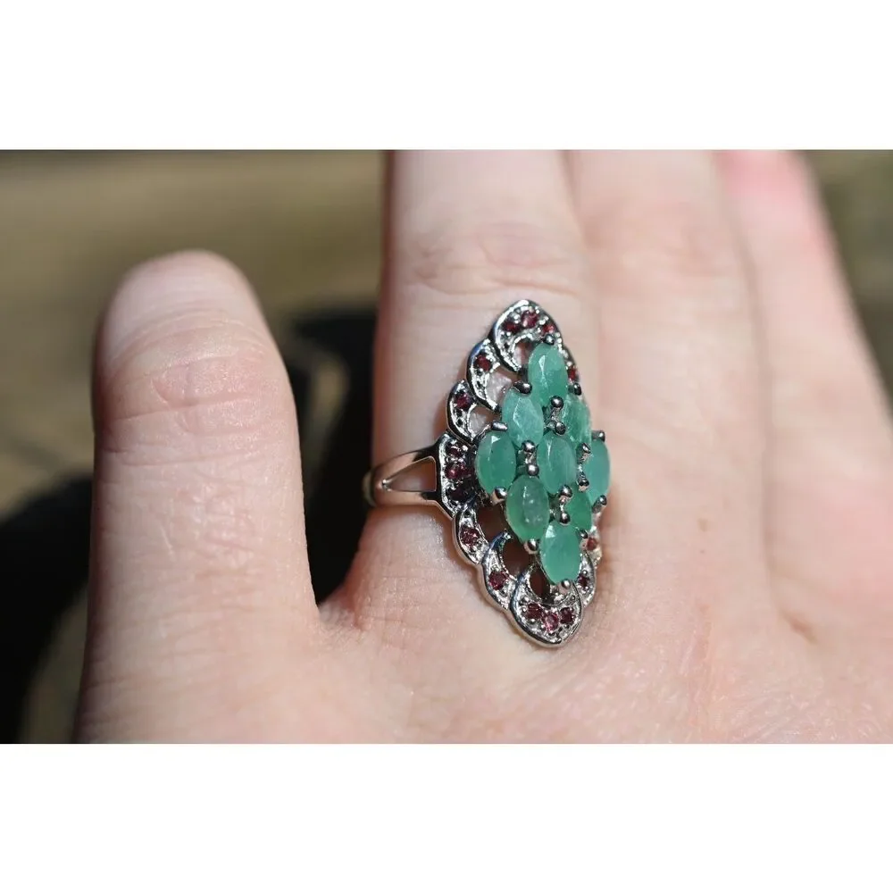 Emerald and garnet engagement ring size 8 in 925 sterling silver